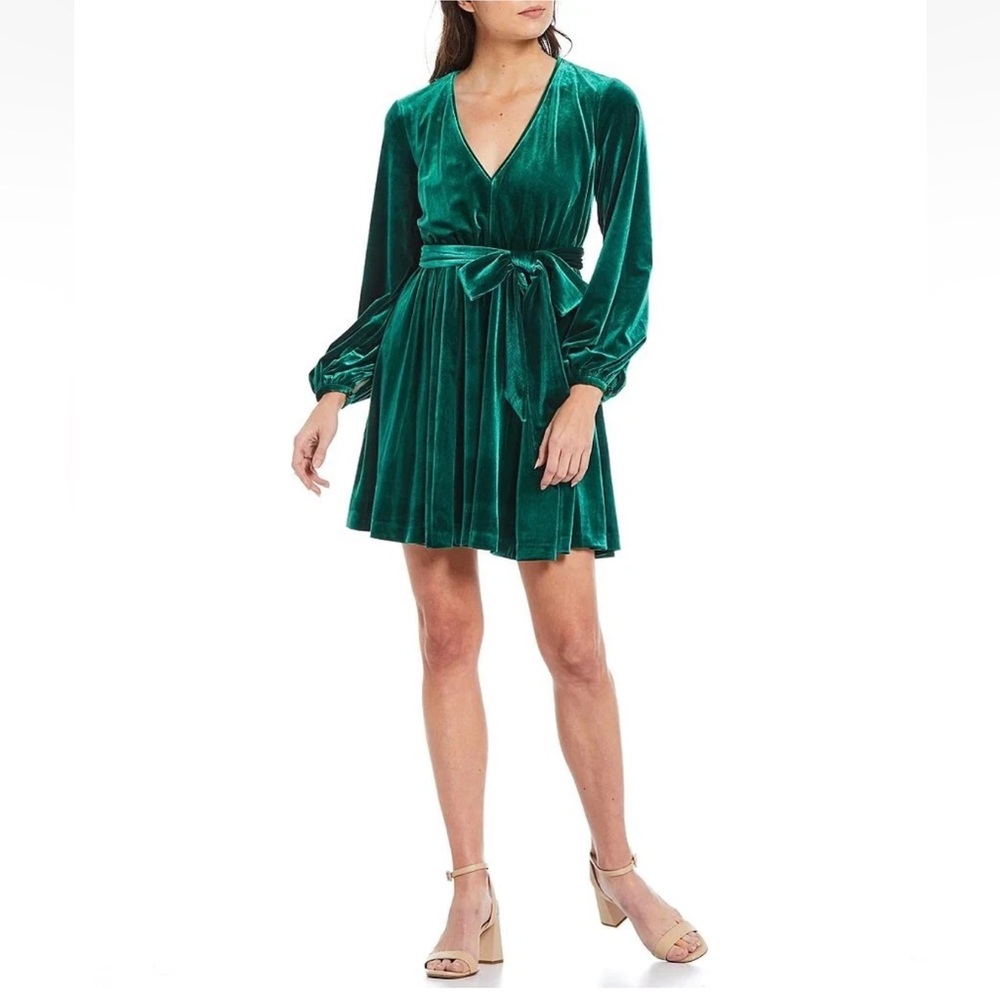 Badgley Mischka Harmony Long Sleeve Sash Belt Stretch Velvet Dress size 6 NWT